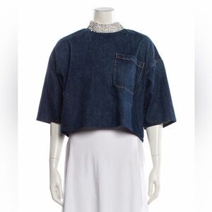 Denim Crop Top with Chest Pocket - Blue
